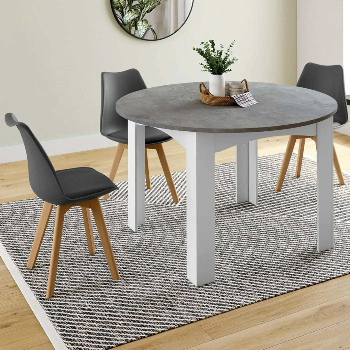 Table à manger blanche et plateau effet béton extensible ronde