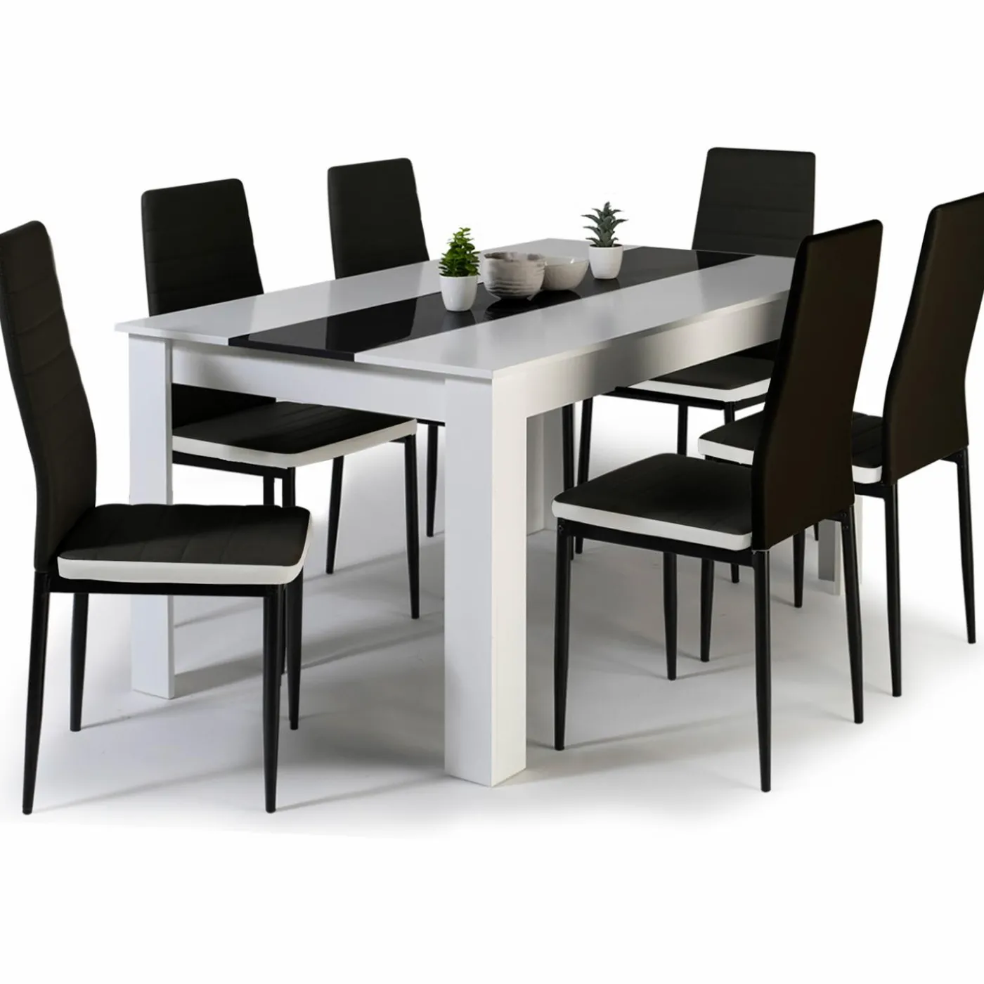 Table à manger blanche et noire 140 cm et 6 chaises noires liseré blanc