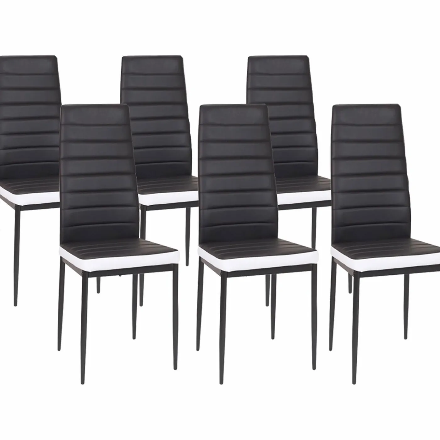 Table à manger blanche et noire 140 cm et 6 chaises noires liseré blanc