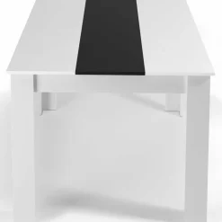 Table à manger blanche et noire 140 cm et 6 chaises noires liseré blanc