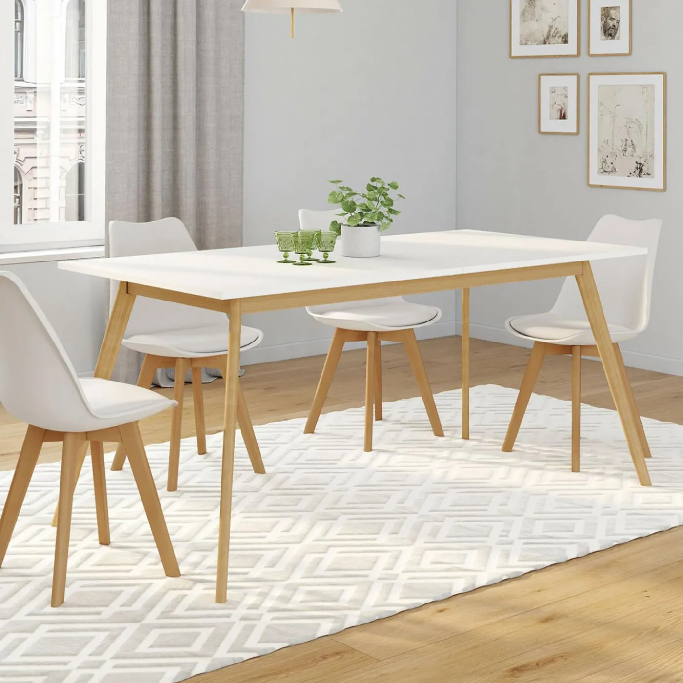 Table à manger blanche extensible 160-200 cm et 6 chaises scandinaves bois et blanc