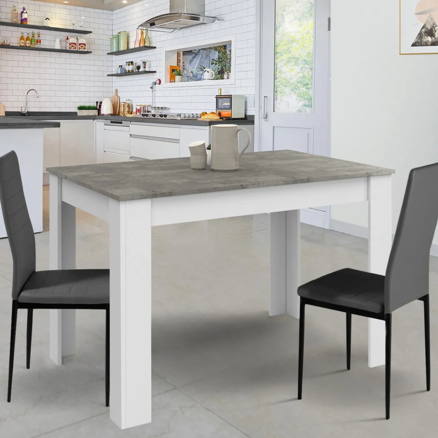 Table à manger blanche rectangle plateau effet béton 4 personnes