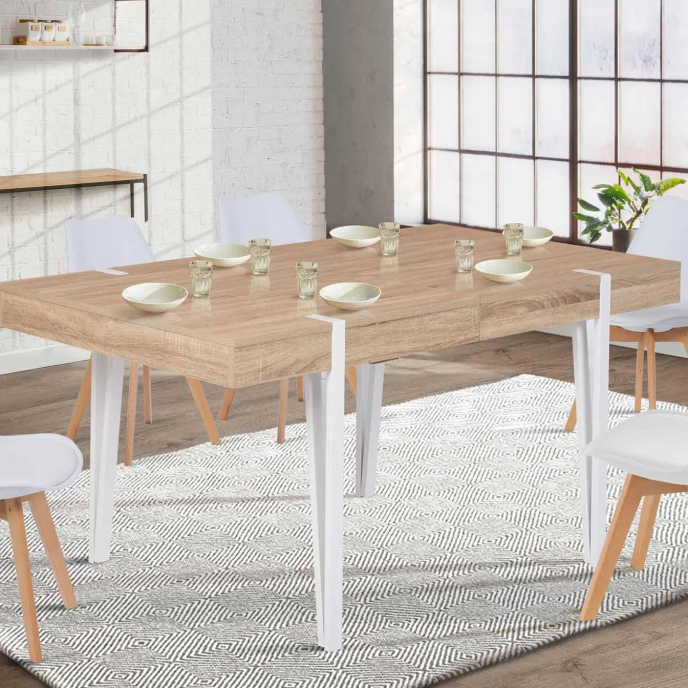 Table à manger bois clair extensible 6-10 personnes avec pied épingle