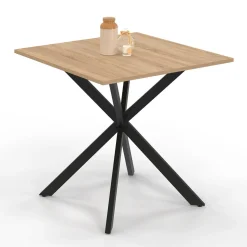 Table à manger carrée 80 cm 4 personnes en bois et pied araignée en métal noir