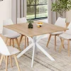Table à manger carrée 110 cm 8 personnes plateau en bois avec pied araignée en métal blanc