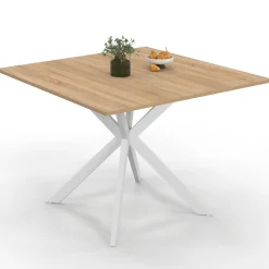 Table à manger carrée 110 cm 8 personnes plateau en bois avec pied araignée en métal blanc