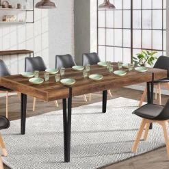 Table à manger effet bois vieilli et métal noir 200 cm 10 personnes