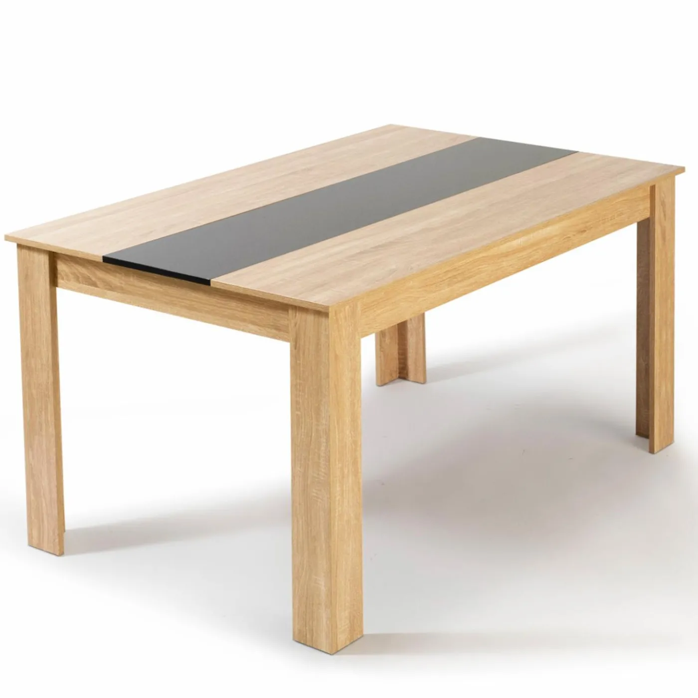 Table à manger en bois imitation hêtre et noir 140 cm et 6 chaises noires