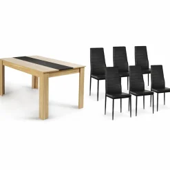 Table à manger en bois imitation hêtre et noir 140 cm et 6 chaises noires