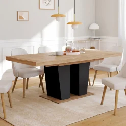 Table à manger extensible avec pied central bois et noir