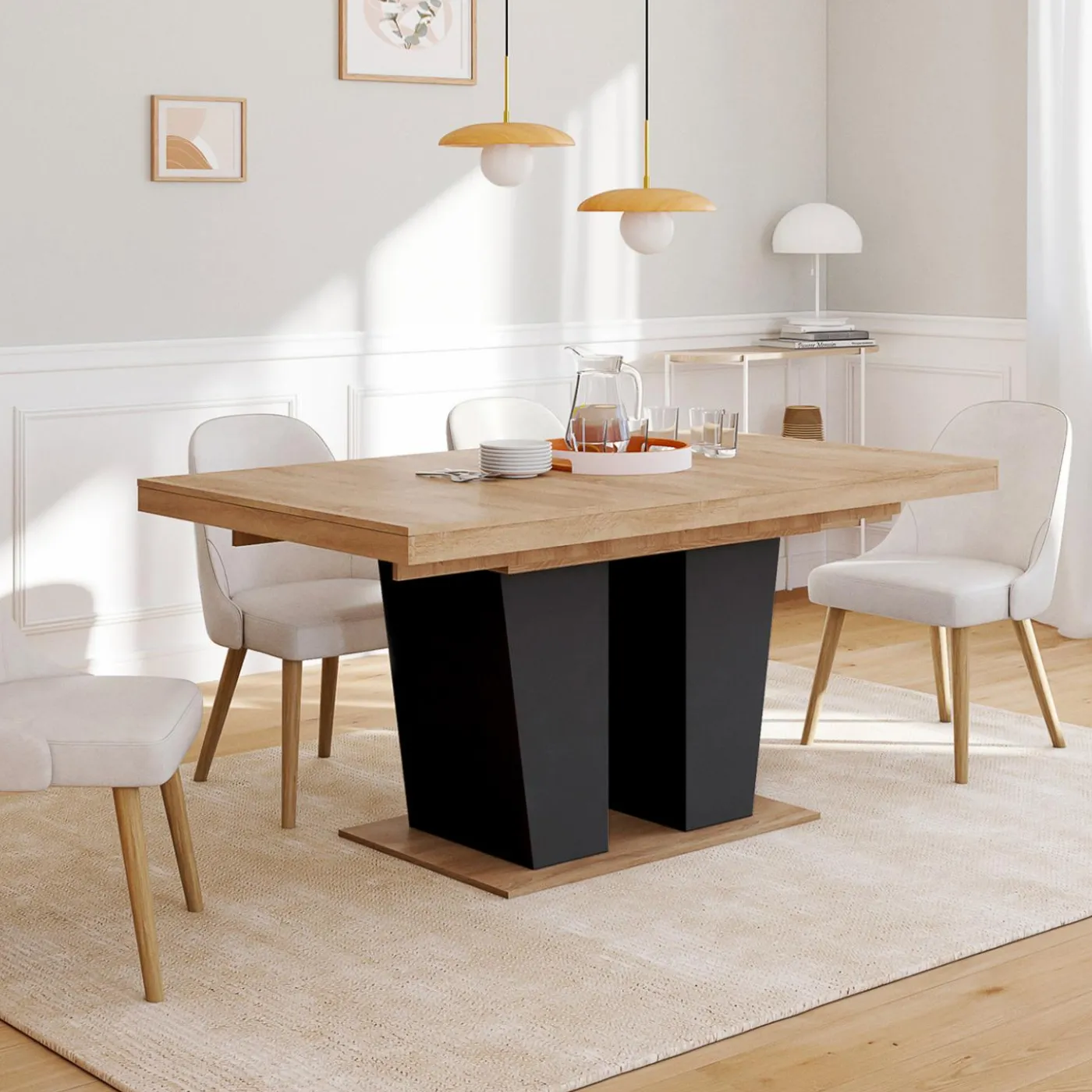 Table à manger extensible avec pied central bois et noir