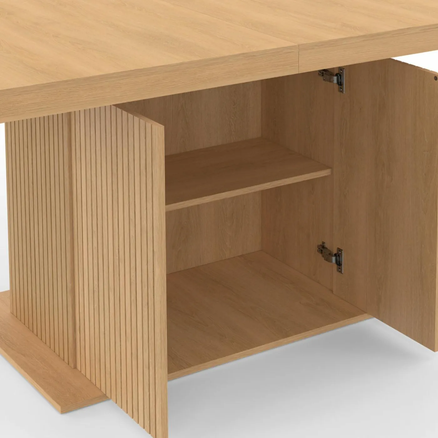 Table à manger extensible 160-200 cm lattes tasseau bois avec rangement pied central 6-10 personnes