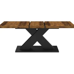 Table à manger extensible rectangle 160-200 cm 6-10 personnes pied X noir et plateau bois foncé