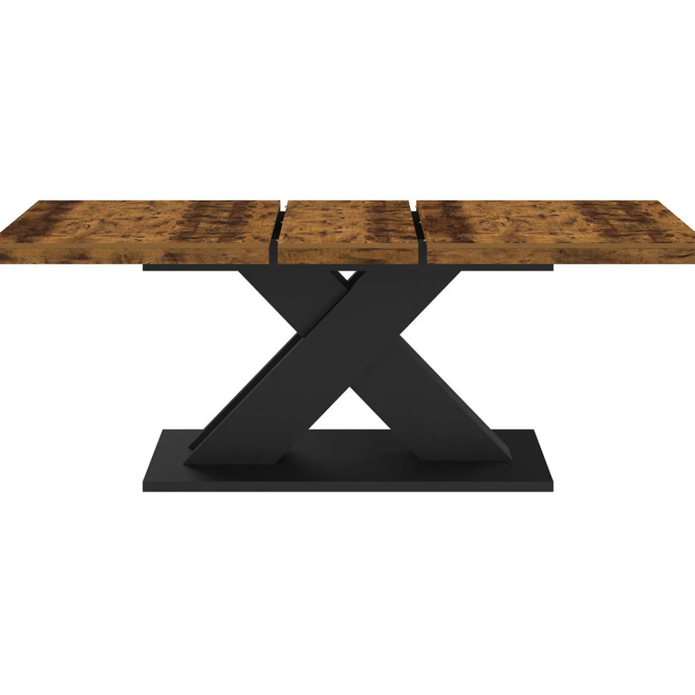 Table à manger extensible rectangle 160-200 cm 6-10 personnes pied X noir et plateau bois foncé