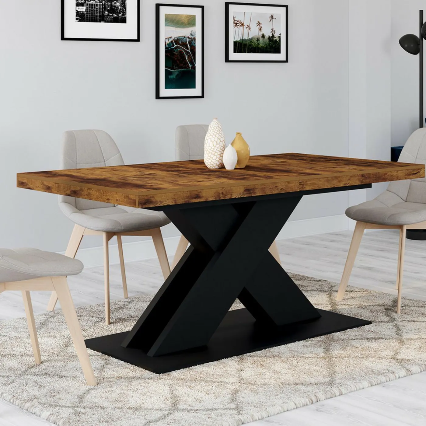 Table à manger extensible rectangle 160-200 cm 6-10 personnes pied X noir et plateau bois foncé