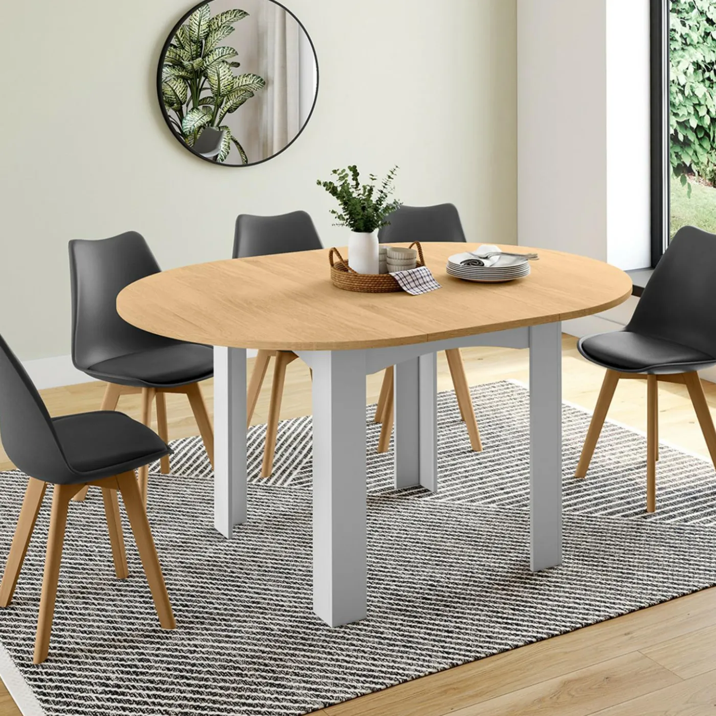Table à manger extensible ronde en bois 110-150 cm 4-8 personnes plateau façon hêtre