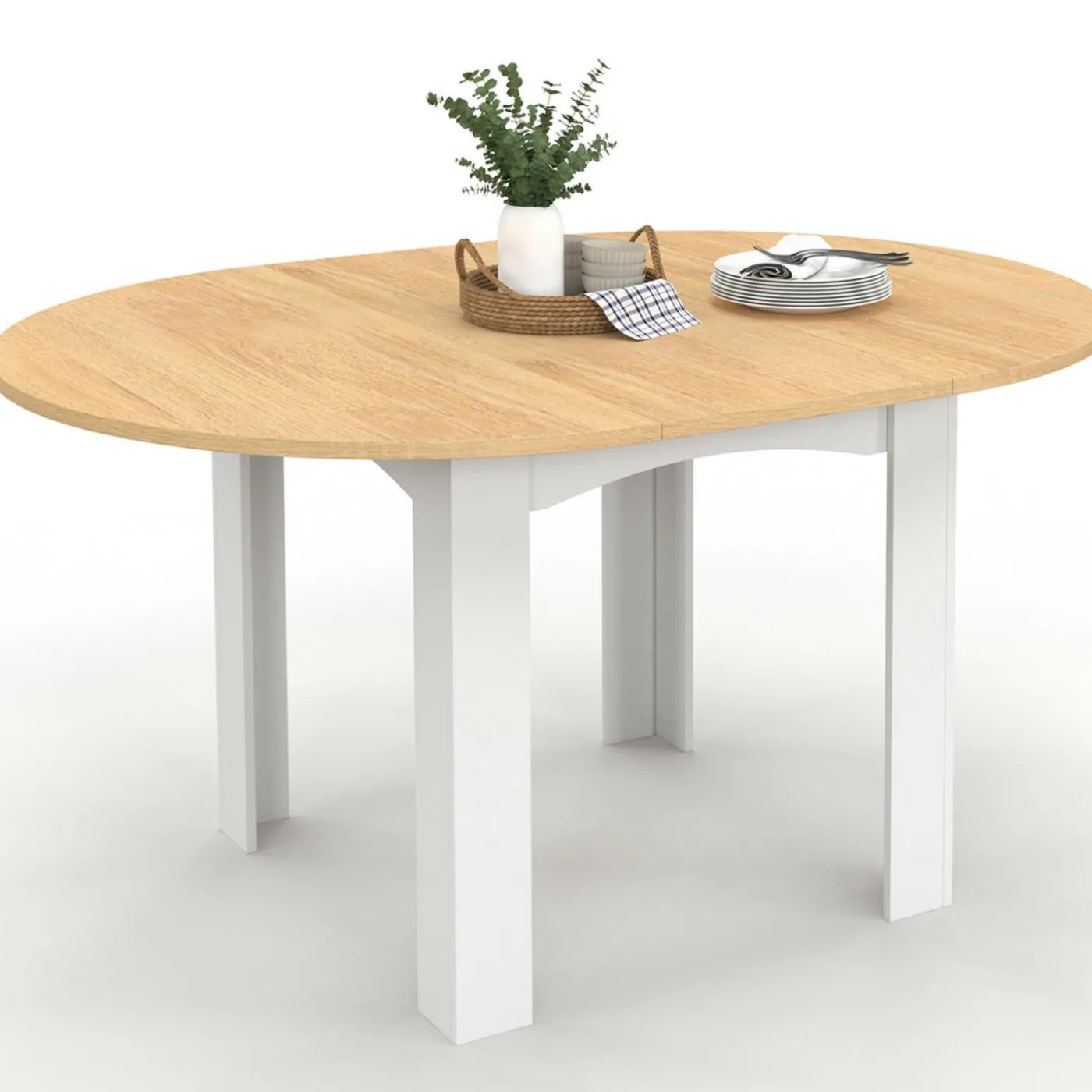 Table à manger extensible ronde en bois 110-150 cm 4-8 personnes plateau façon hêtre