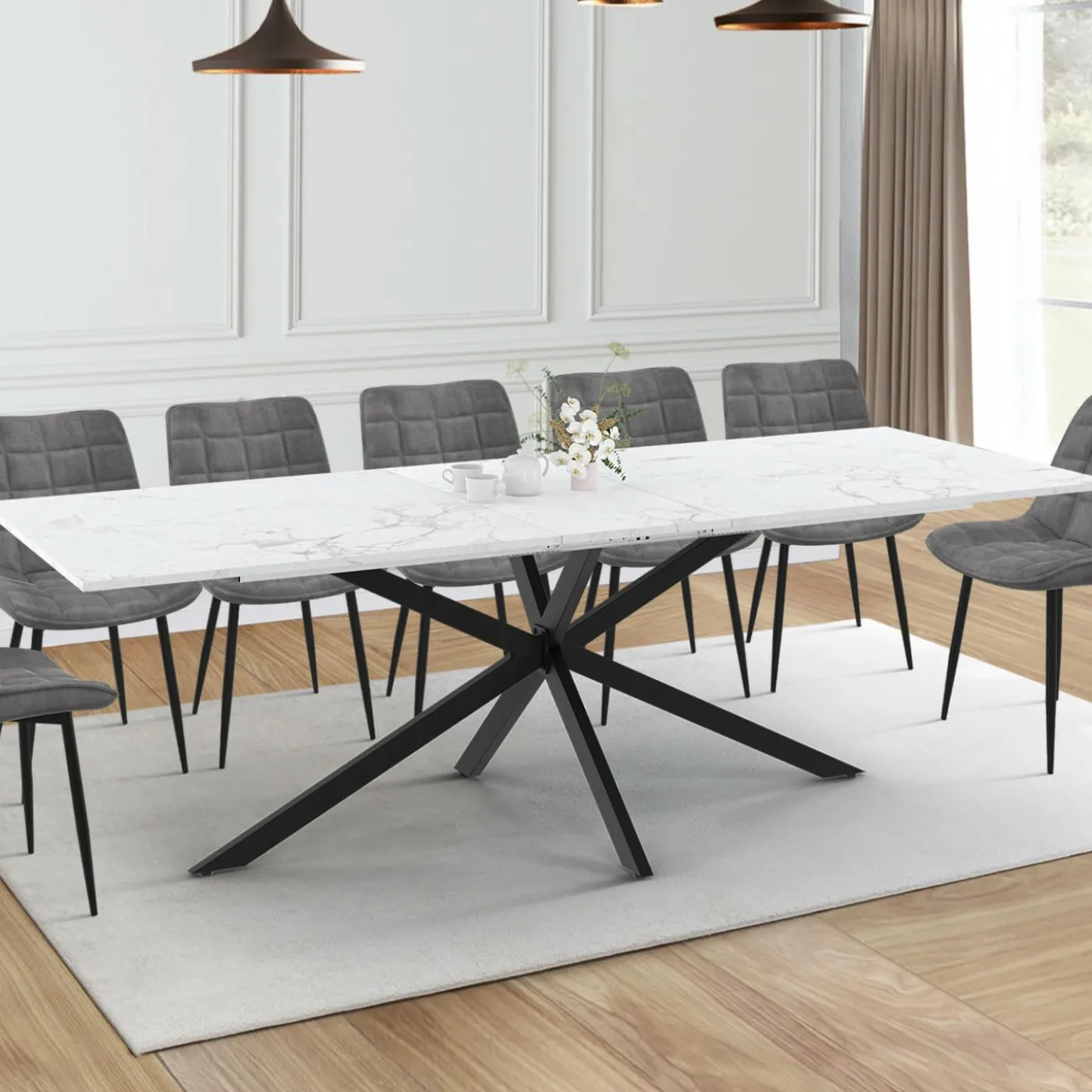 Table à manger extensible rectangle 200-240 cm 8-12 personnes effet marbre blanc