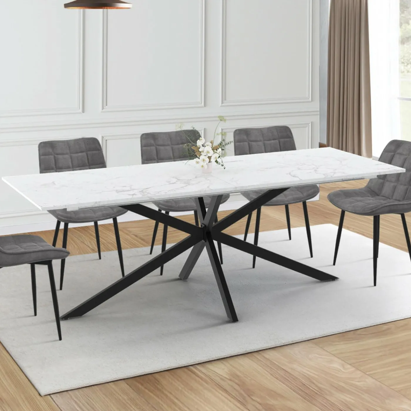 Table à manger extensible rectangle 200-240 cm 8-12 personnes effet marbre blanc
