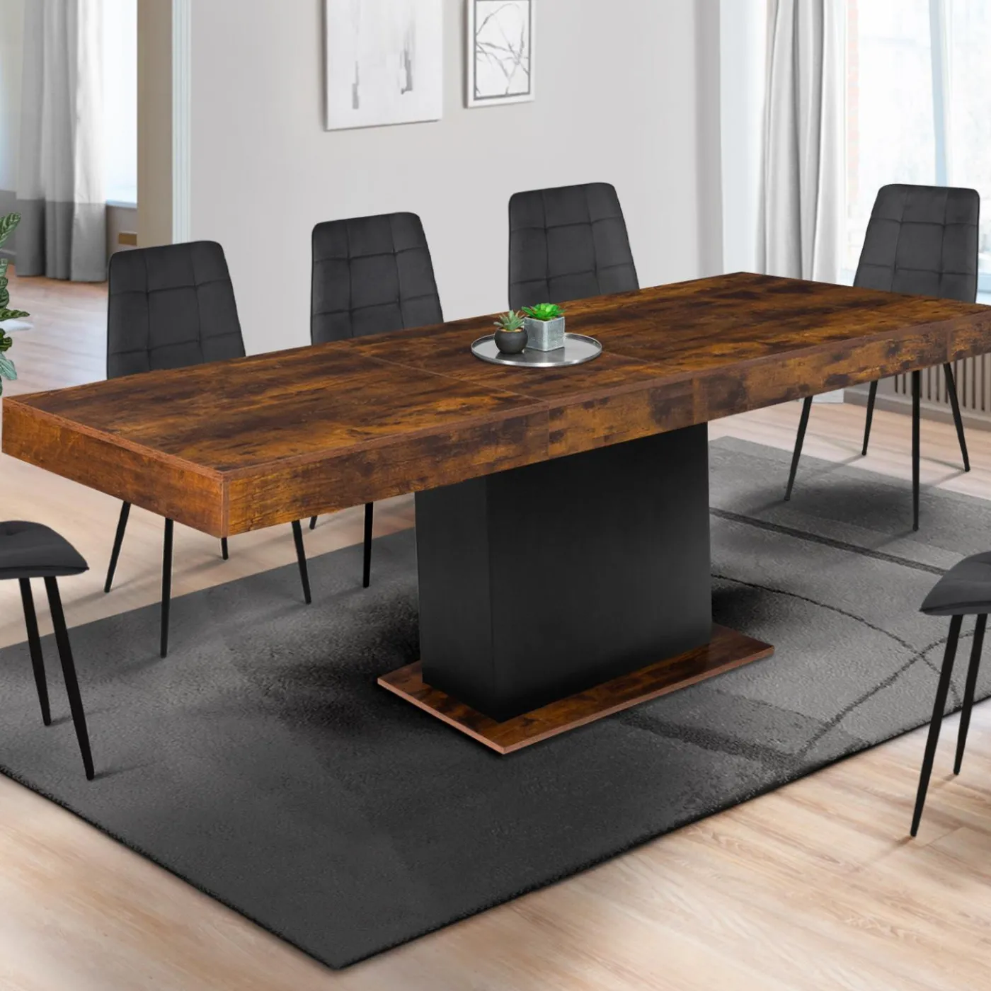 Table à manger extensible bois effet vieilli et noir 6-10 personnes 160-200 cm