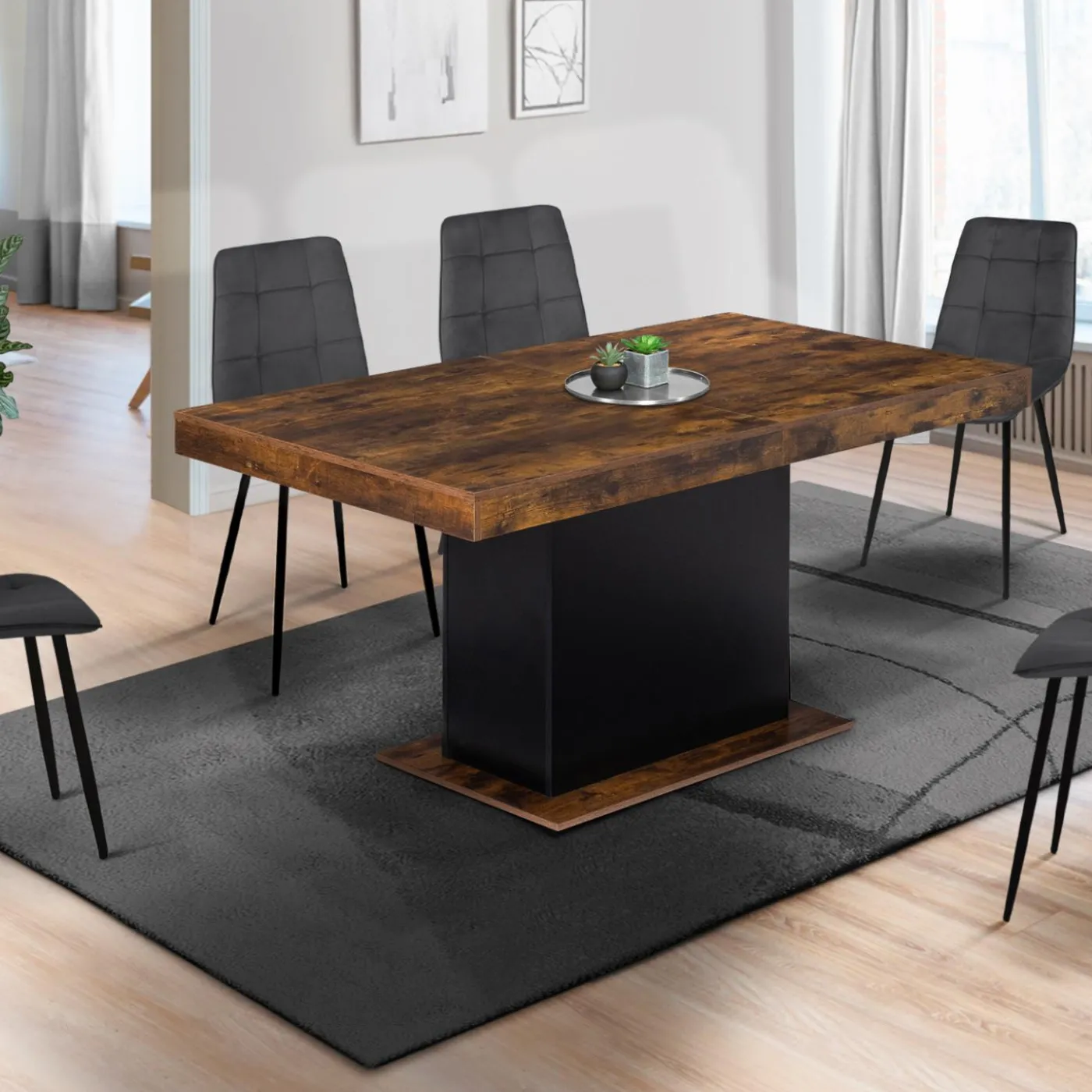 Table à manger extensible bois effet vieilli et noir 6-10 personnes 160-200 cm