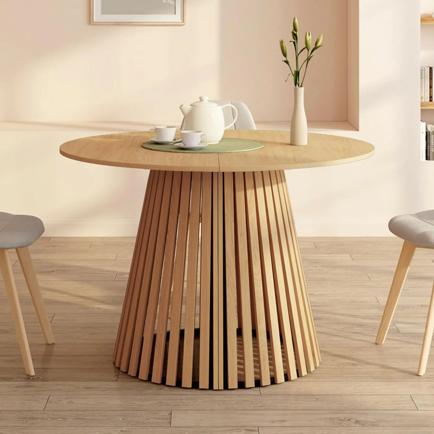 Table à manger extensible ronde 4-10 personnes pied bois 110-200 cm
