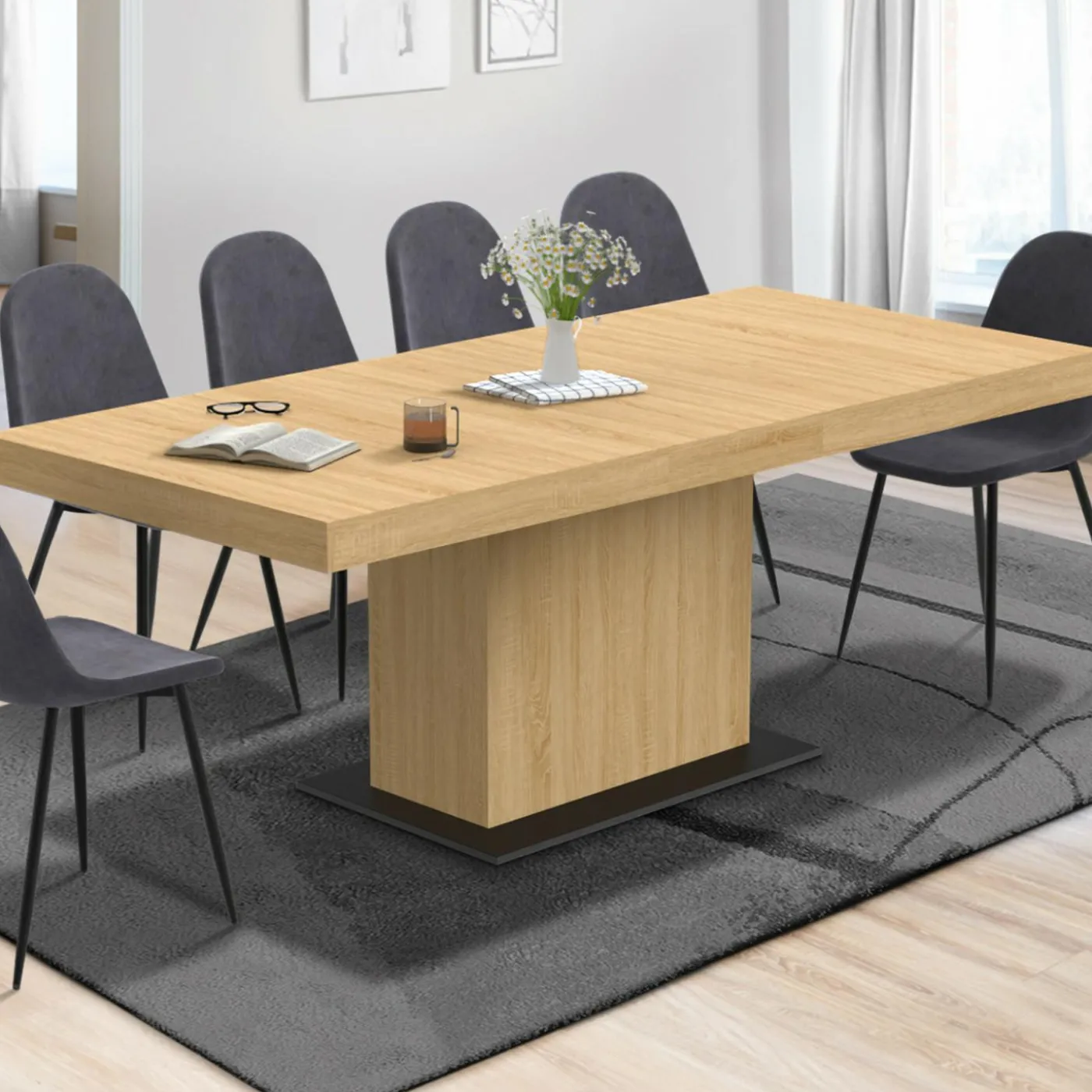Table à manger extensible rectangle bois et socle noir