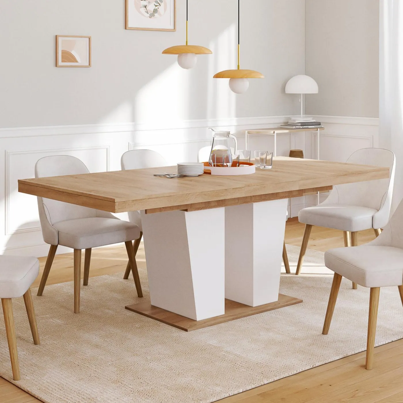 Table à manger extensible avec pied central bois et blanc