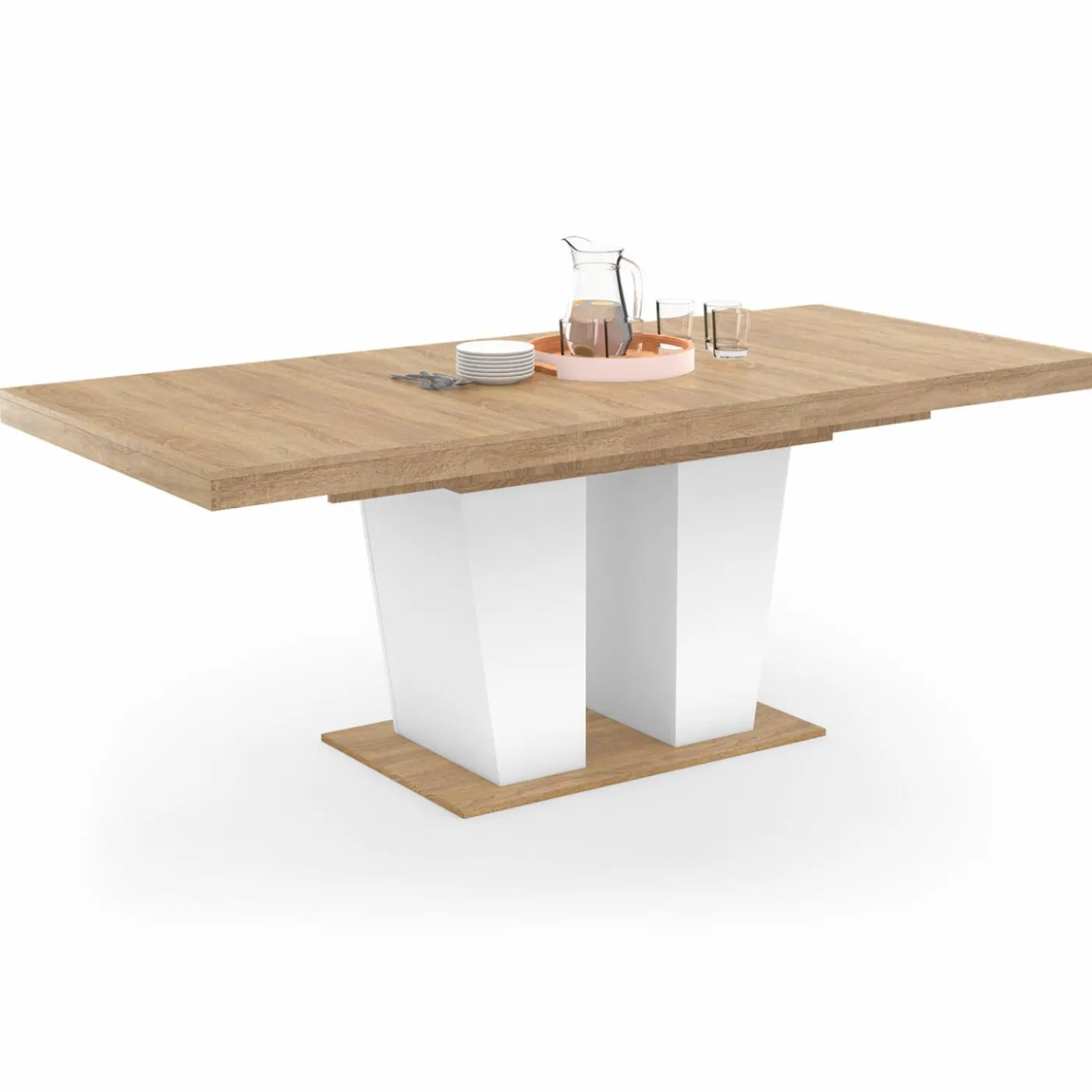 Table à manger extensible avec pied central bois et blanc