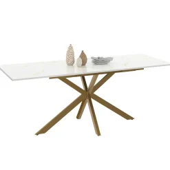 Table à manger extensible 160-200 cm 6-10 personnes avec plateau effet marbre doré et pied araignée en laiton