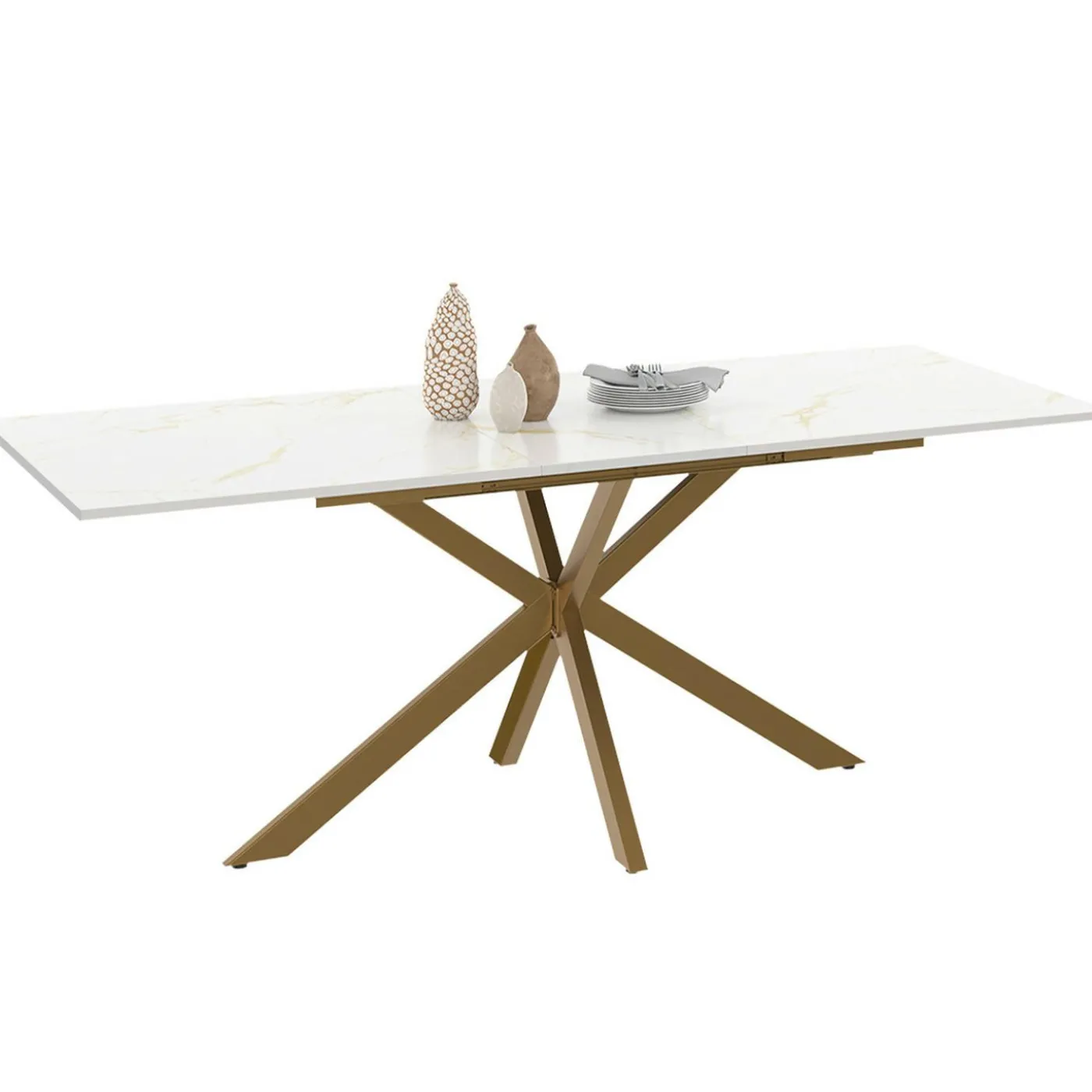Table à manger extensible 160-200 cm 6-10 personnes avec plateau effet marbre doré et pied araignée en laiton