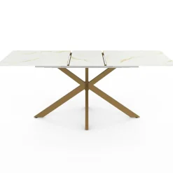 Table à manger extensible 160-200 cm 6-10 personnes avec plateau effet marbre doré et pied araignée en laiton
