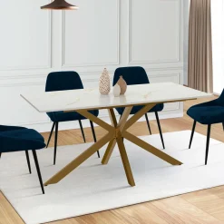 Table à manger extensible 160-200 cm 6-10 personnes avec plateau effet marbre doré et pied araignée en laiton
