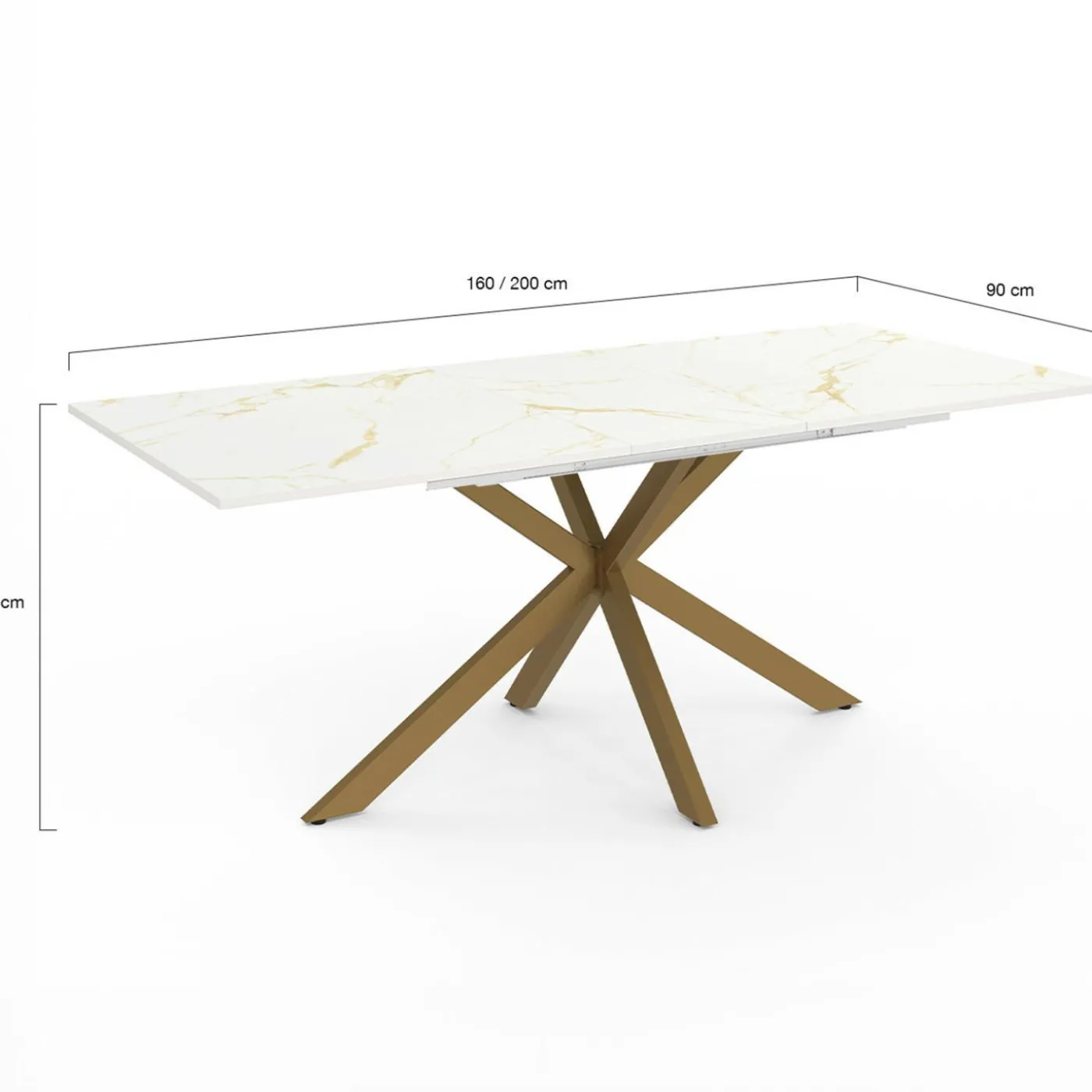 Table à manger extensible 160-200 cm 6-10 personnes avec plateau effet marbre doré et pied araignée en laiton