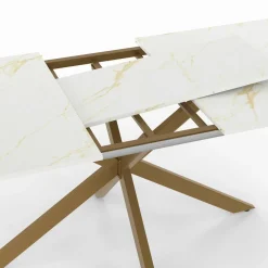 Table à manger extensible 160-200 cm 6-10 personnes avec plateau effet marbre doré et pied araignée en laiton