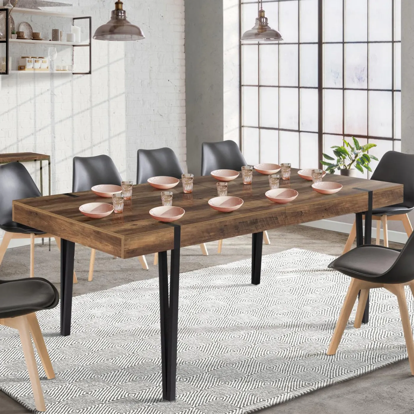 Table à manger extensible en bois pieds épingle noir 8-12 personnes 200-240 cm