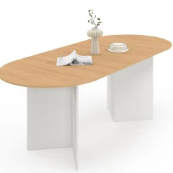 Table à manger extensible ovale MARTHE 6 -10 personnes bois façon hêtre et blanc 160-200 cm