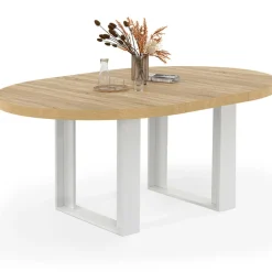Table à manger extensible ronde bois et blanc 110-150 cm pour 4 à 6 personnes
