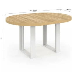Table à manger extensible ronde bois et blanc 110-150 cm pour 4 à 6 personnes