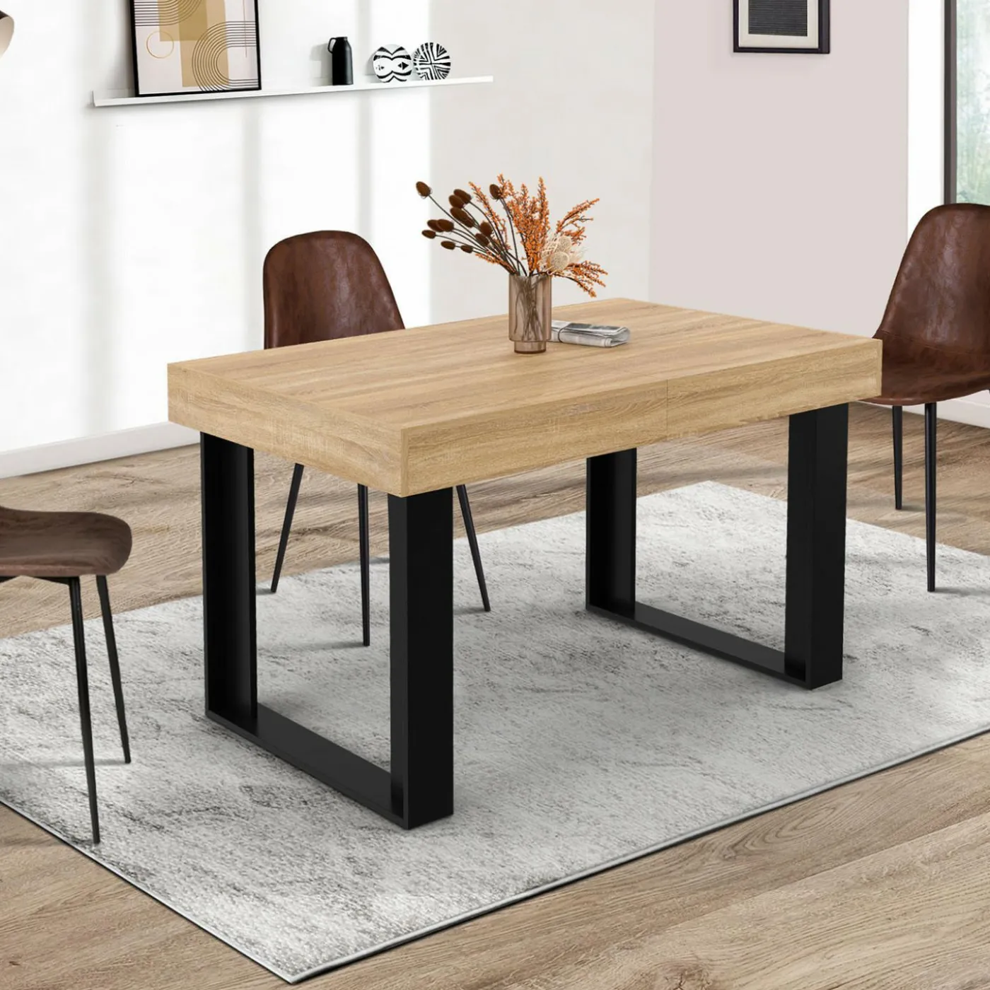 Table à manger extensible 120-160 cm 4-6 personnes noire et bois