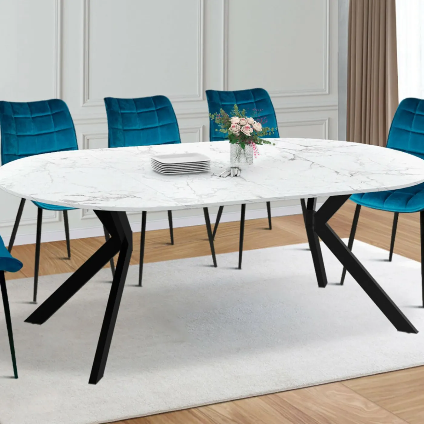 Table à manger extensible ronde 4-10 personnes pied araignée noir plateau effet marbre blanc 110-200 cm
