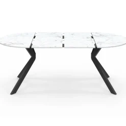Table à manger extensible ronde 4-10 personnes pied araignée noir plateau effet marbre blanc 110-200 cm