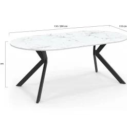 Table à manger extensible ronde 4-10 personnes pied araignée noir plateau effet marbre blanc 110-200 cm
