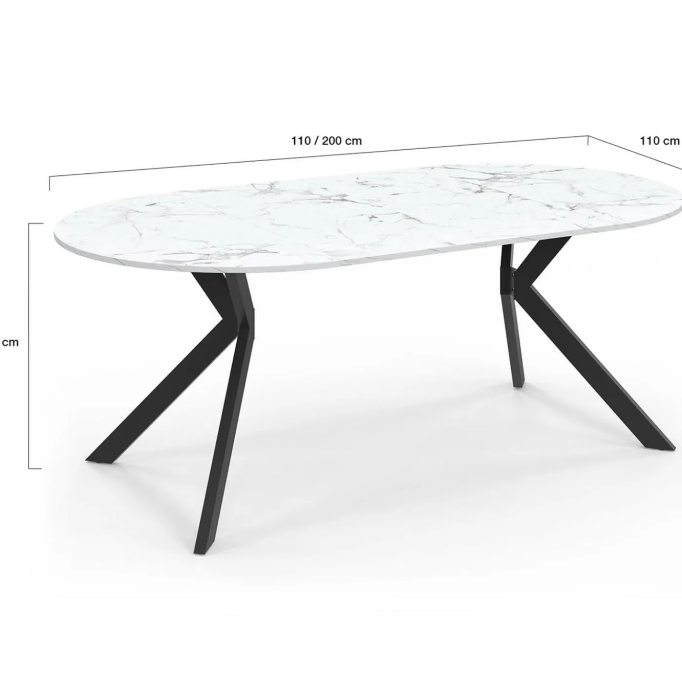 Table à manger extensible ronde 4-10 personnes pied araignée noir plateau effet marbre blanc 110-200 cm