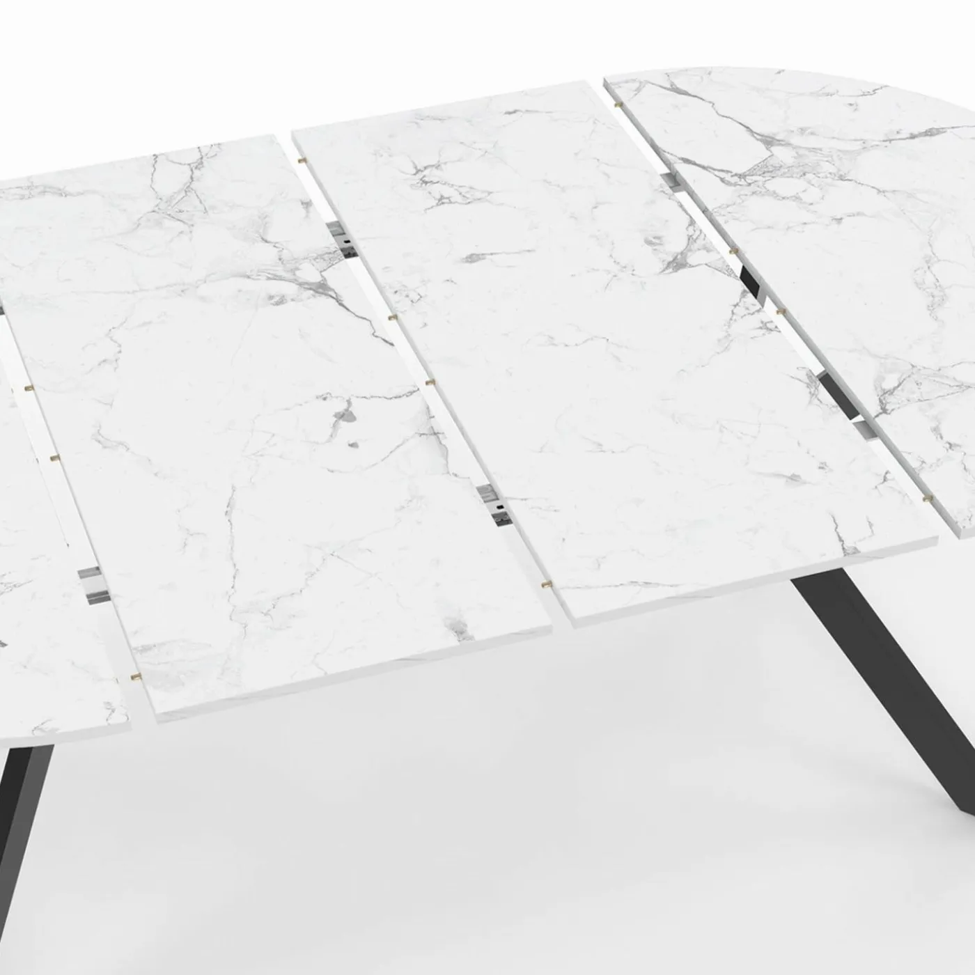 Table à manger extensible ronde 4-10 personnes pied araignée noir plateau effet marbre blanc 110-200 cm