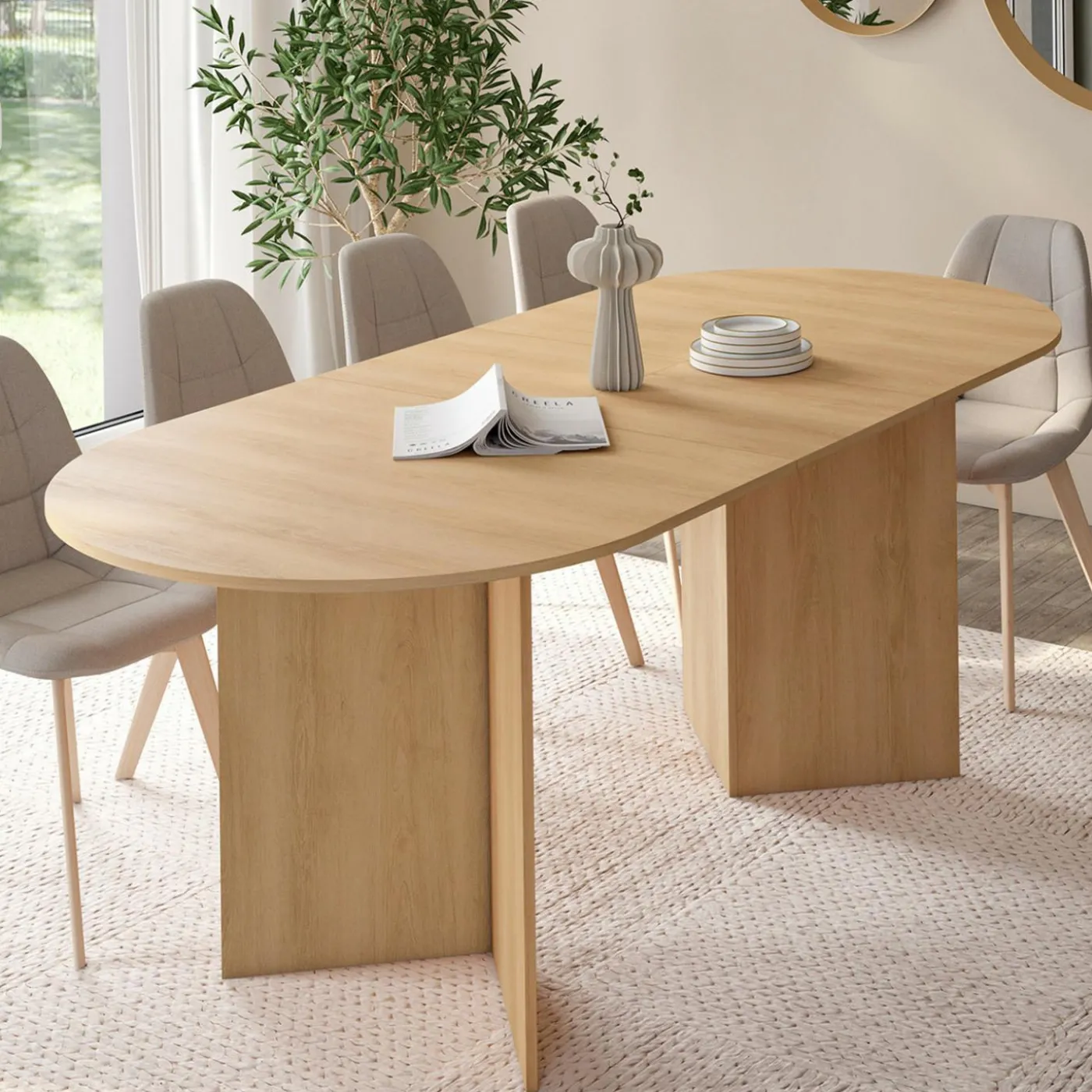 Table à manger extensible ovale 160-200 cm bois façon hêtre 6-10 personnes