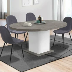 Table à manger extensible ronde 4-8 personnes béton et blanc 120-160 cm