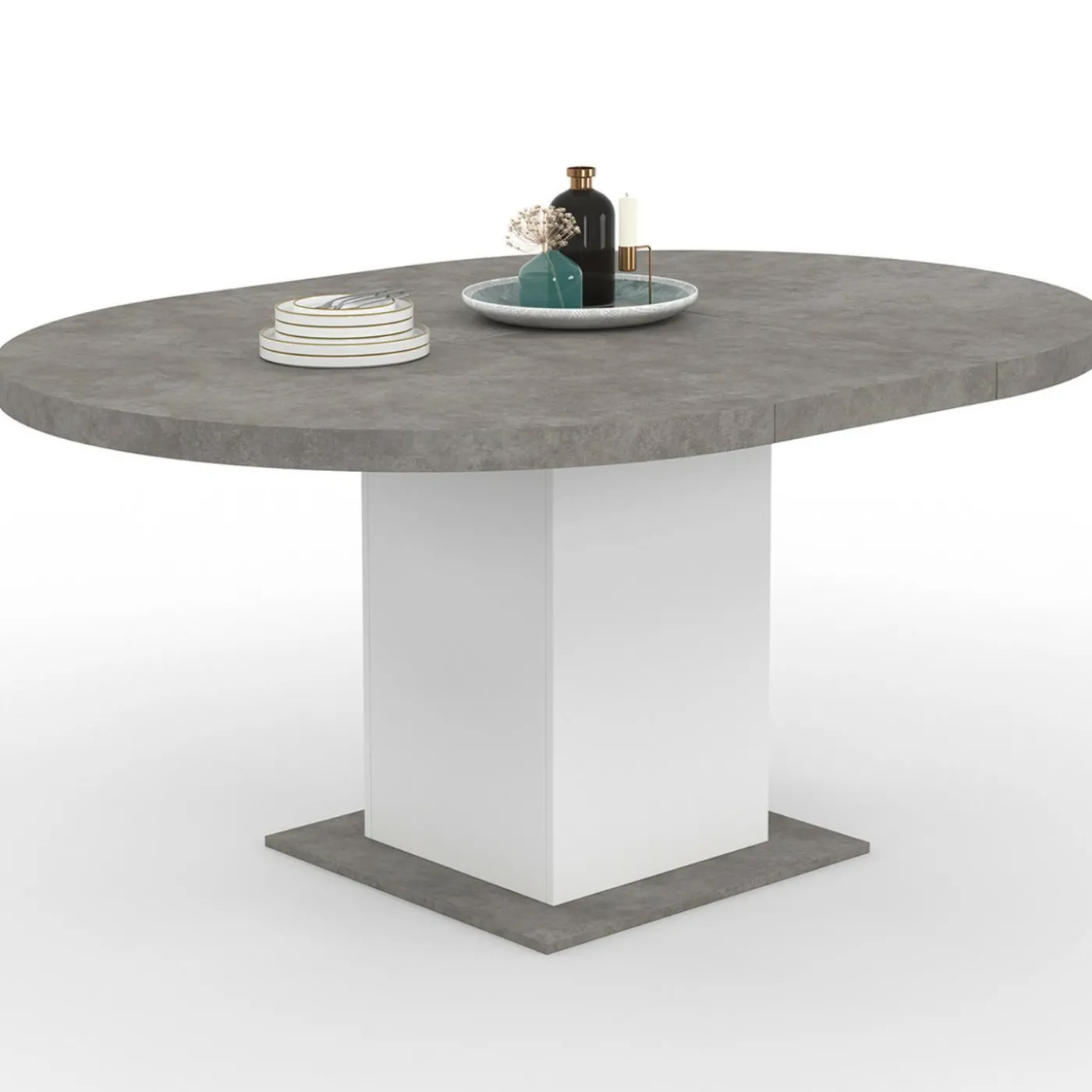 Table à manger extensible ronde 4-8 personnes béton et blanc 120-160 cm