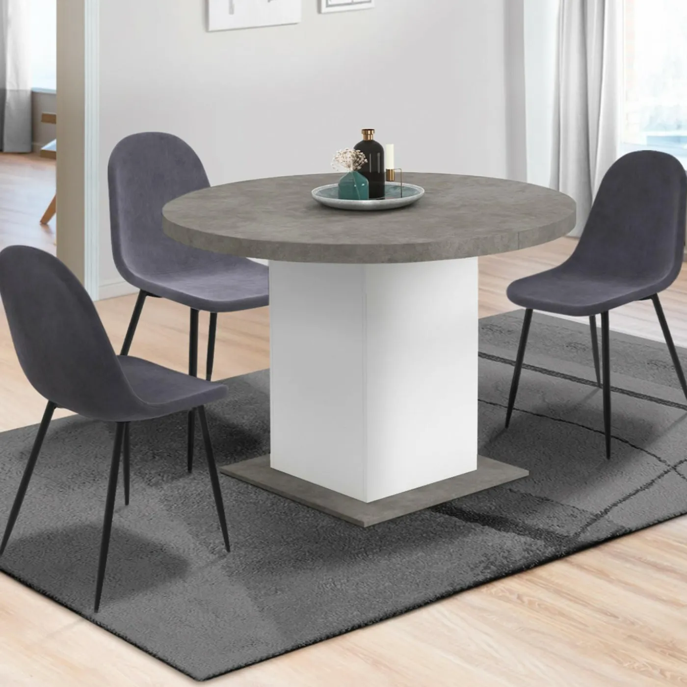 Table à manger extensible ronde 4-8 personnes béton et blanc 120-160 cm