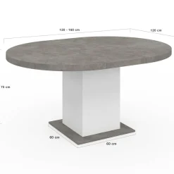 Table à manger extensible ronde 4-8 personnes béton et blanc 120-160 cm